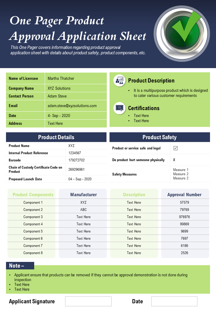 One Pager Product Approval Application Sheet Presentation Report Infographic