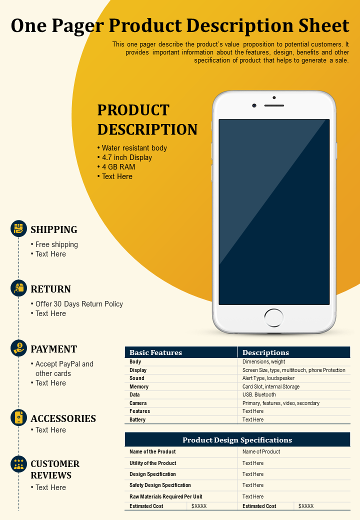 One Pager Product Description Sheet Presentation Report Infographic PPT PDF Document