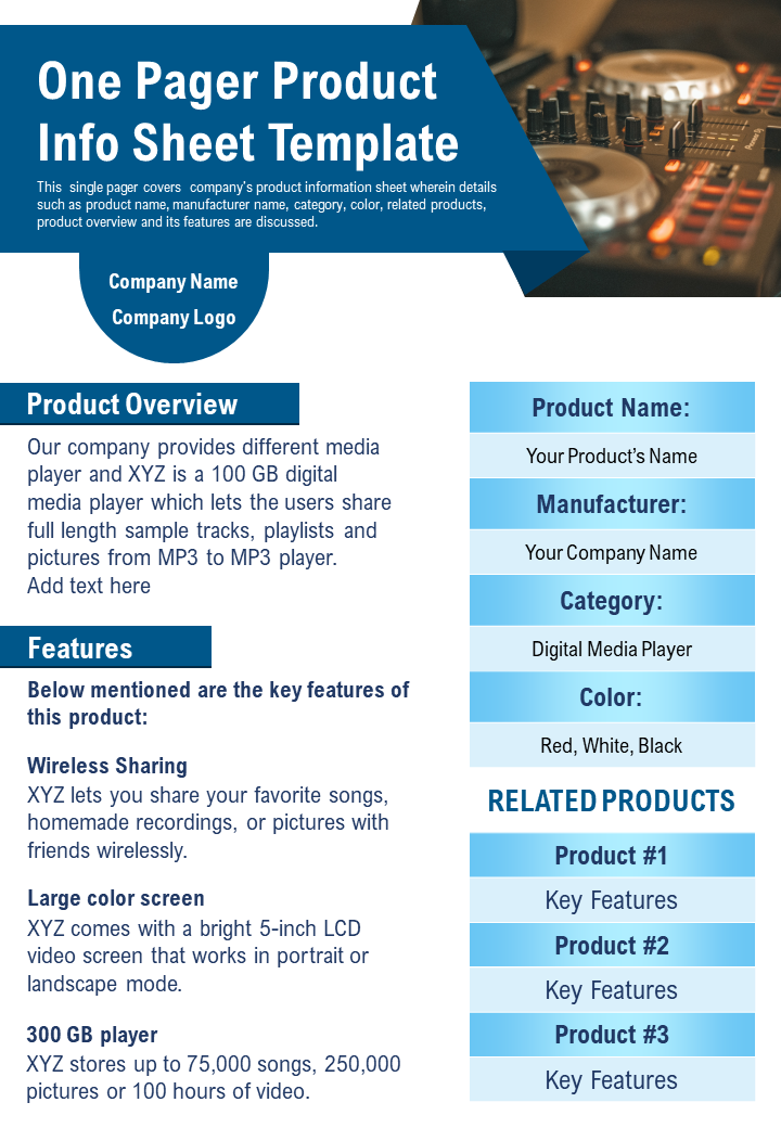 One Pager Product Info Sheet Template Presentation Report Infographic