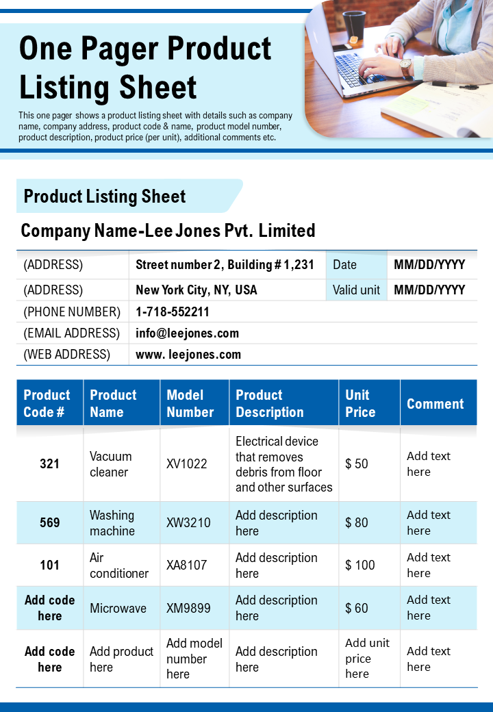 One Pager Product Listing Sheet Presentation Report Infographic PPT PDF Document