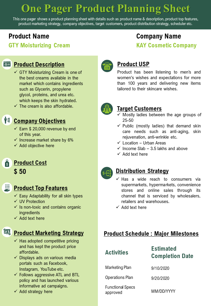 One Pager Product Research Planning Sheet Presentation Report Infographic