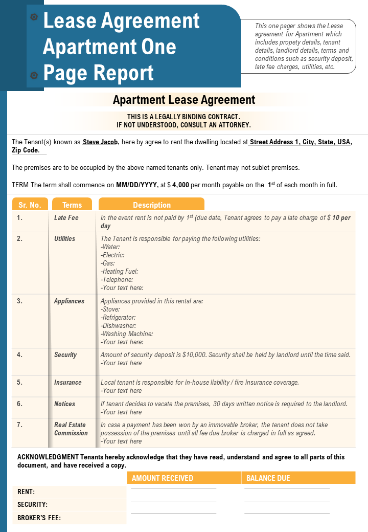 Lease Agreement Apartment One Pager Template