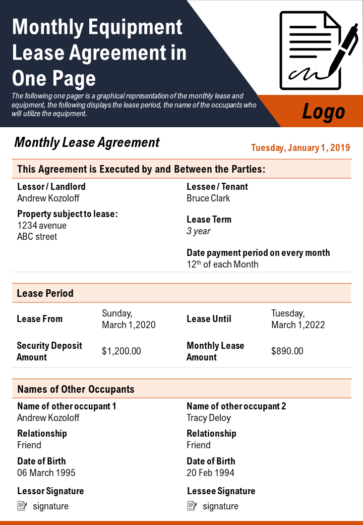 Monthly Equipment Lease Agreement In One Page