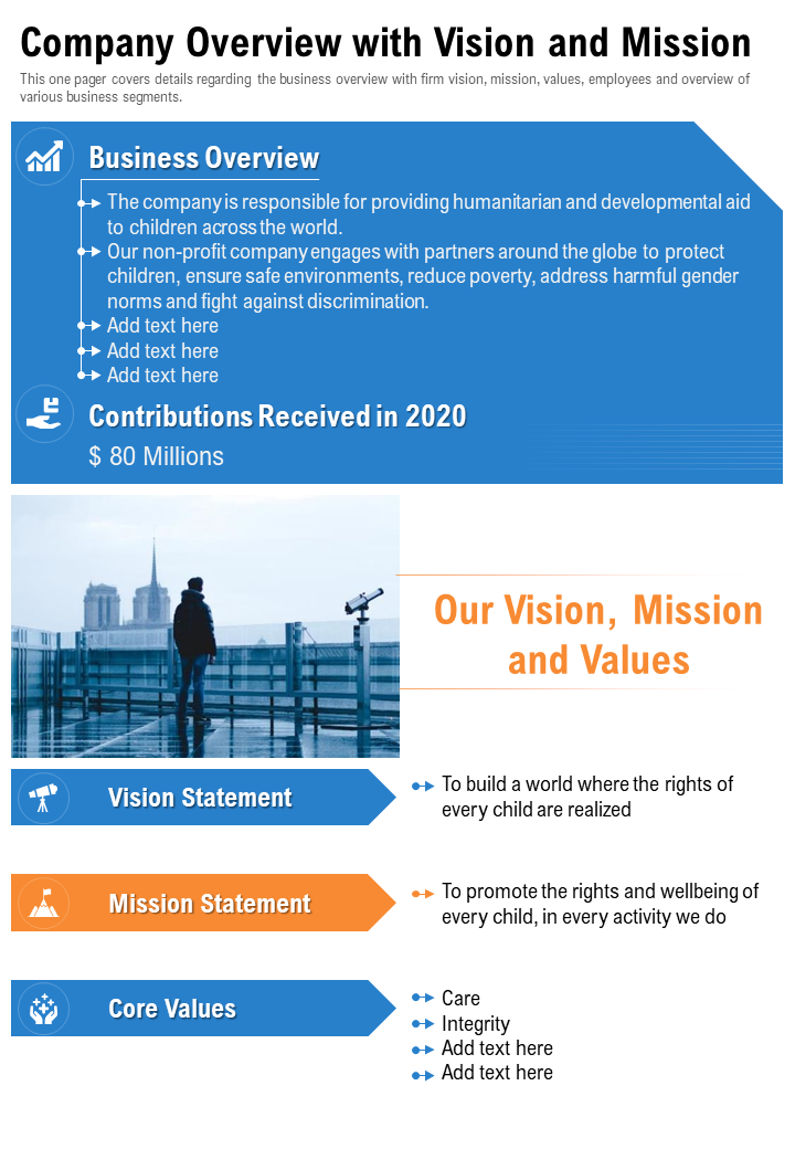 One Page Company Overview with Vision and Mission 