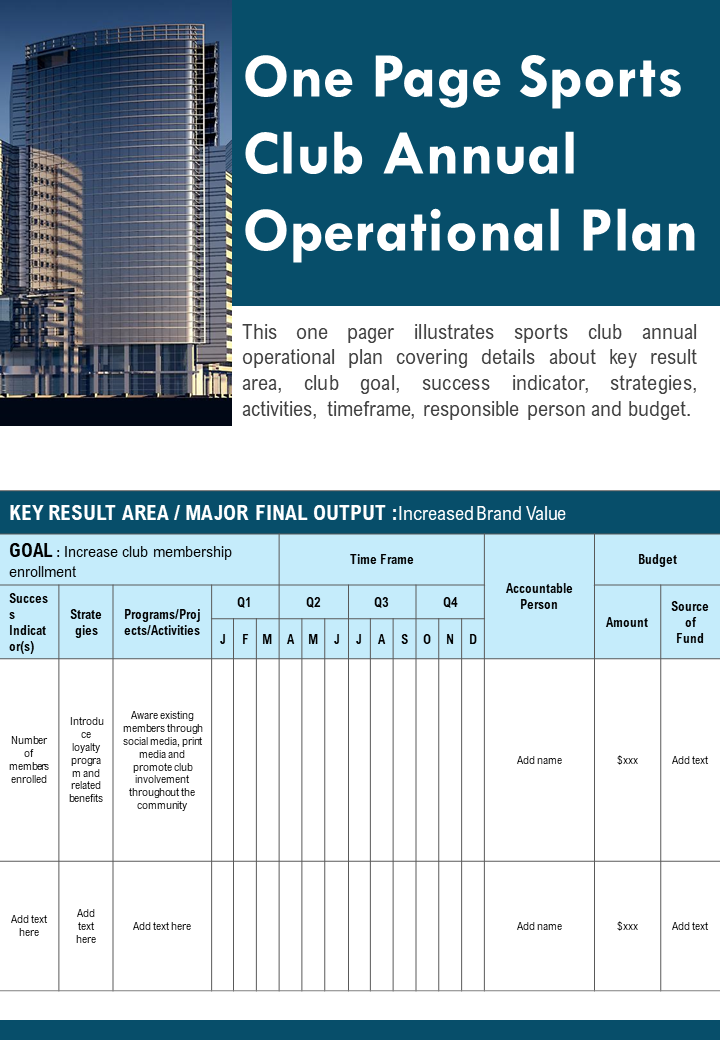 One Page Sports Club Annual Operation Plan Template