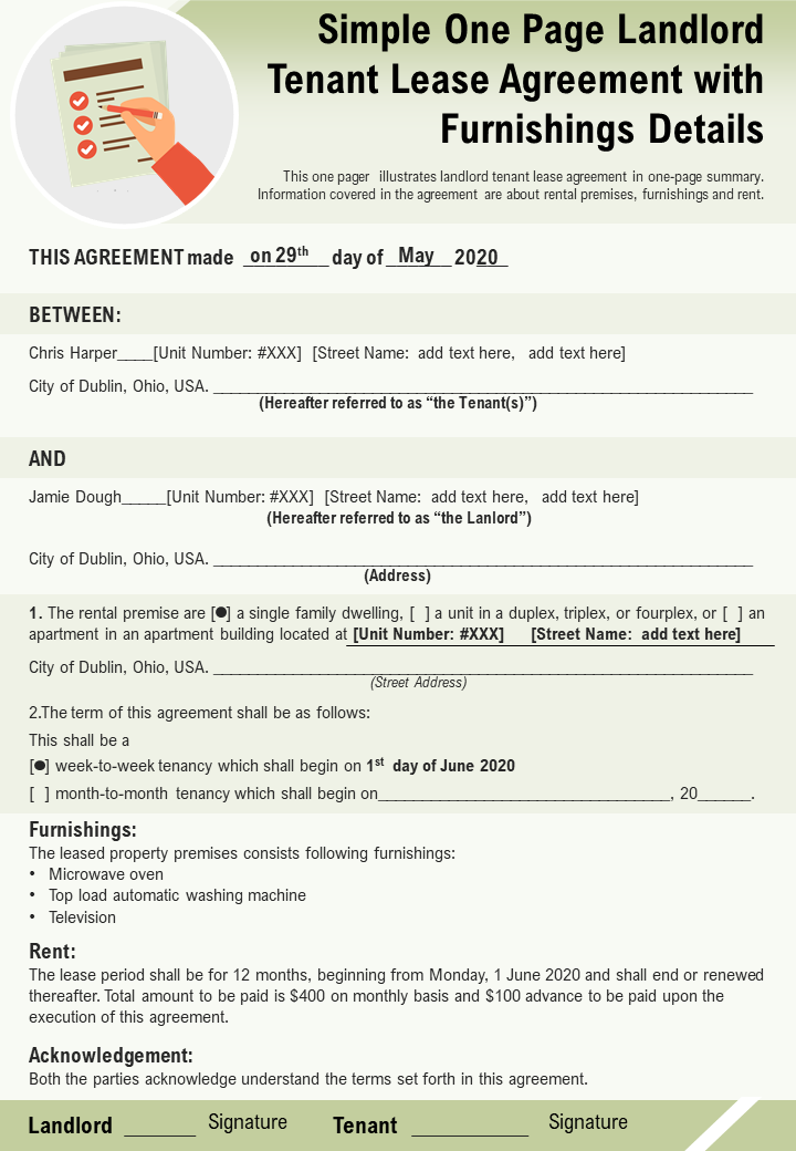 Simple One Page Landlord Tenant Lease Agreement Template