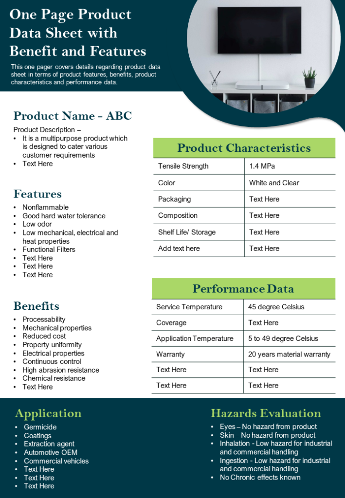 One Page Product Data Sheet with Benefits 