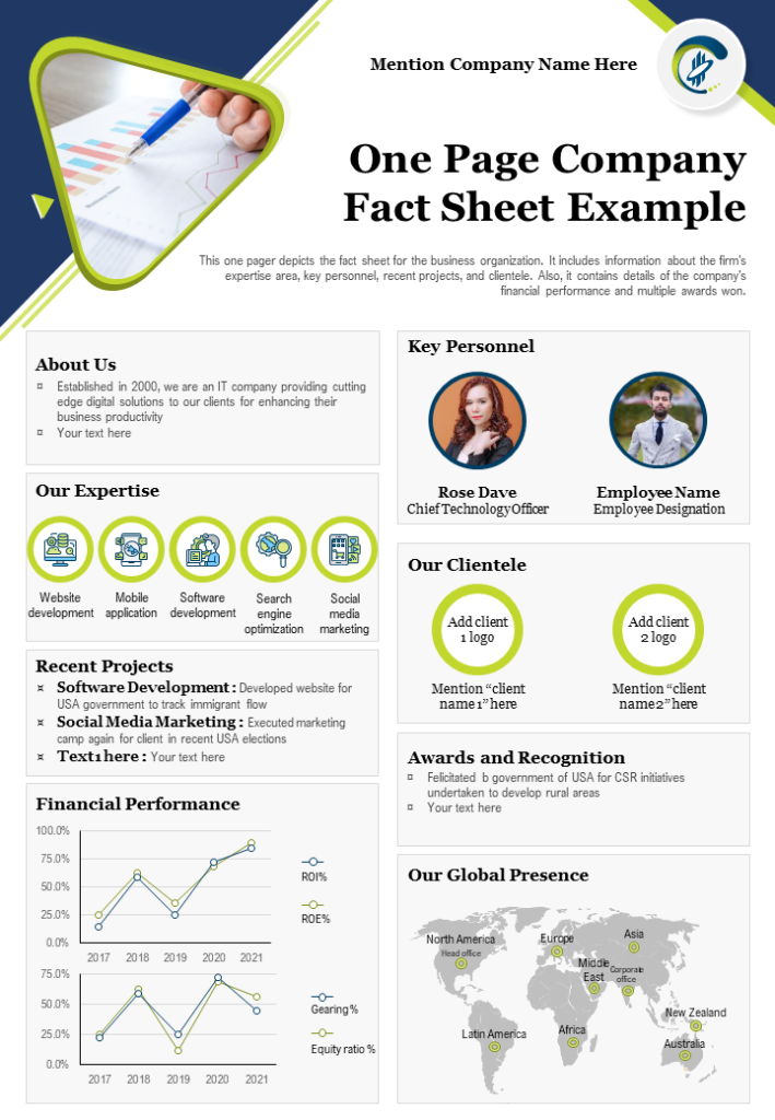 One Page Company Fact Sheet Example Template