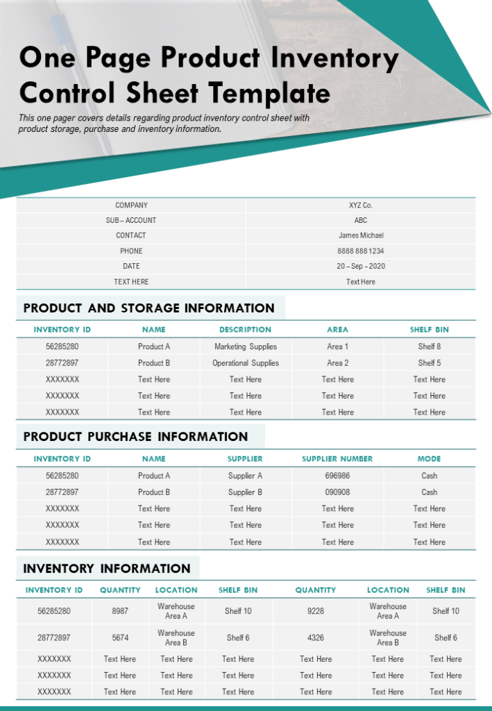 One Page Product Inventory Control Sheet Template