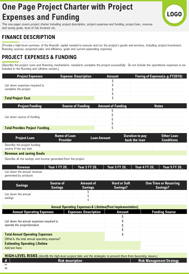 One Page Project Charter Template