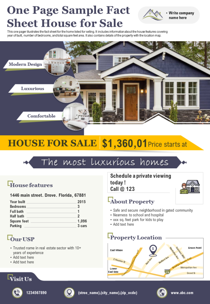 One Page Sample Fact Sheet House for Sale