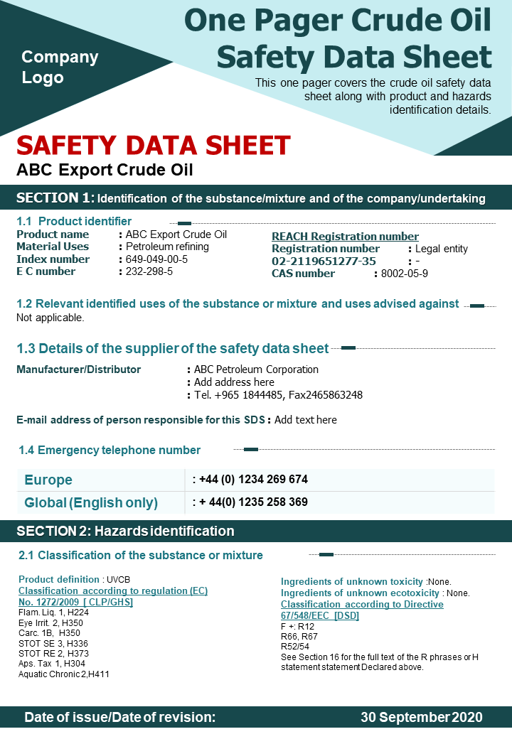 One-Page Crude Oil Safety Data Sheet Template