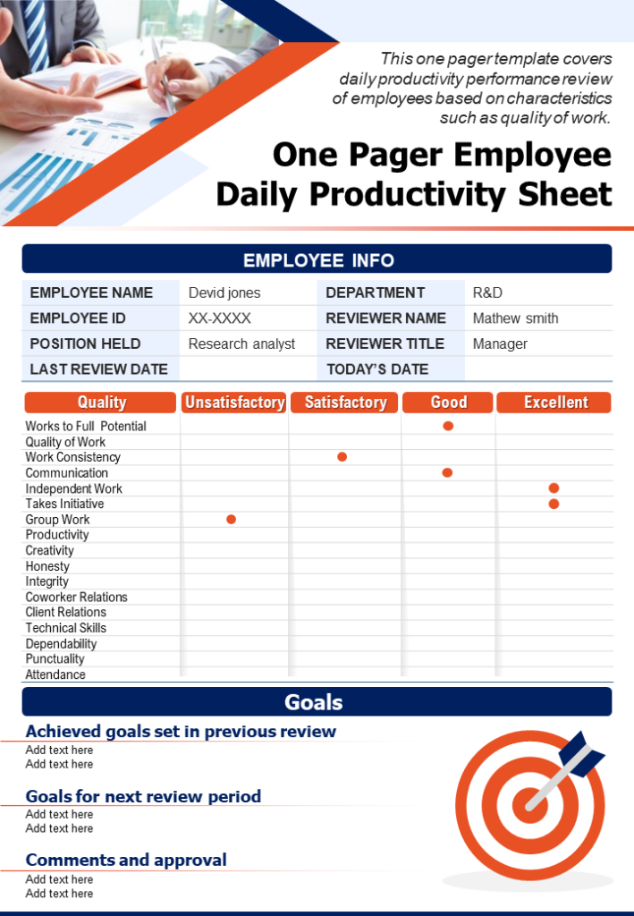 One Pager Employee Daily Productivity Sheet 