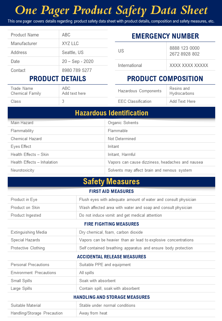 One-Page Product Safety Data Sheet Template