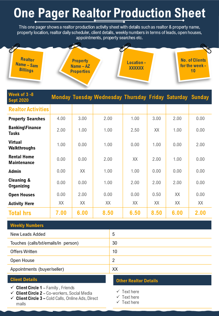 One-Page Realtor Production Sheet Template