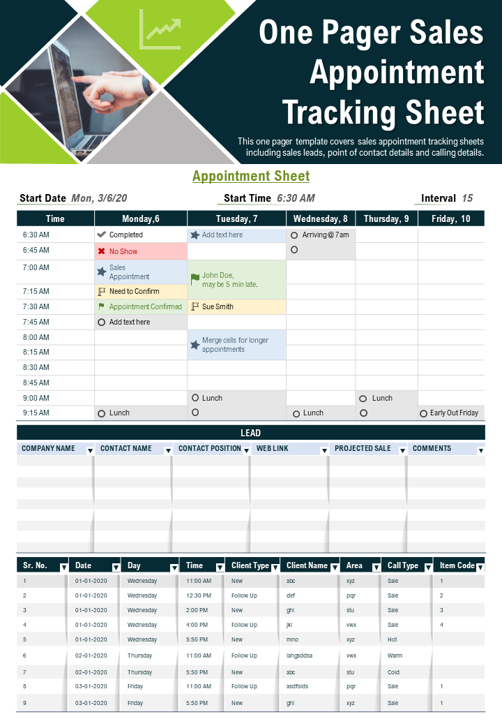 One-Pager Sales Appointment Tracking Sheet Template