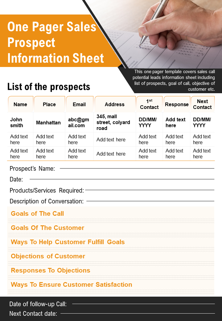 One-Page Sales Prospect Information Sheet Template