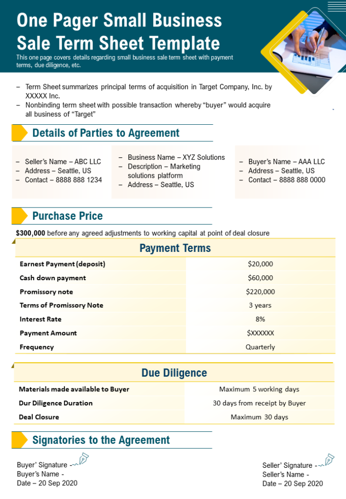 One Pager Small Business Sales Term Sheet