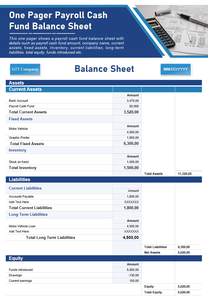 One Pager Payroll Cash Fund Balance Sheet 
