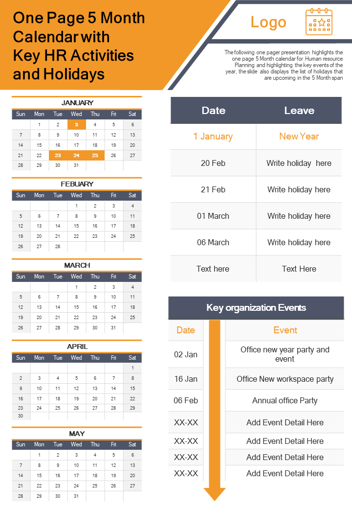 One Page 5 Months Calendar with HR Activities 