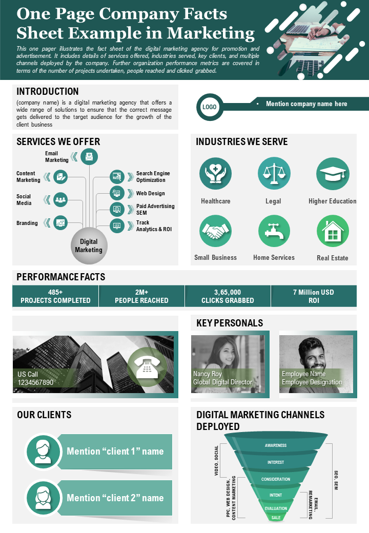 One-Page Company Fact Sheet Example in Marketing Template