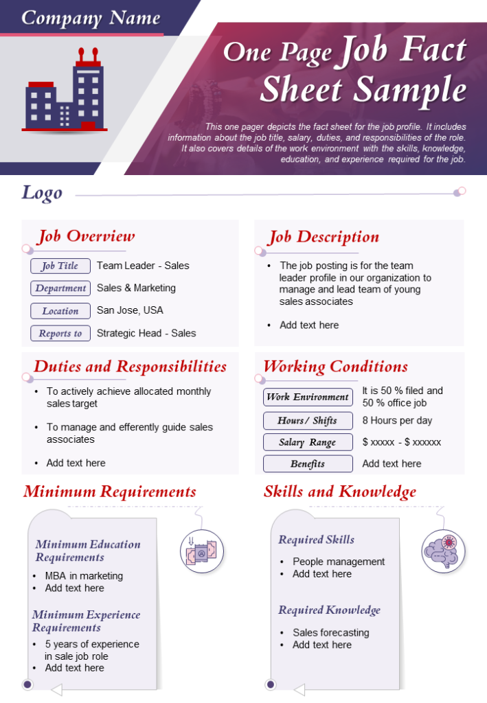 One Page Job Fact Sheet Template