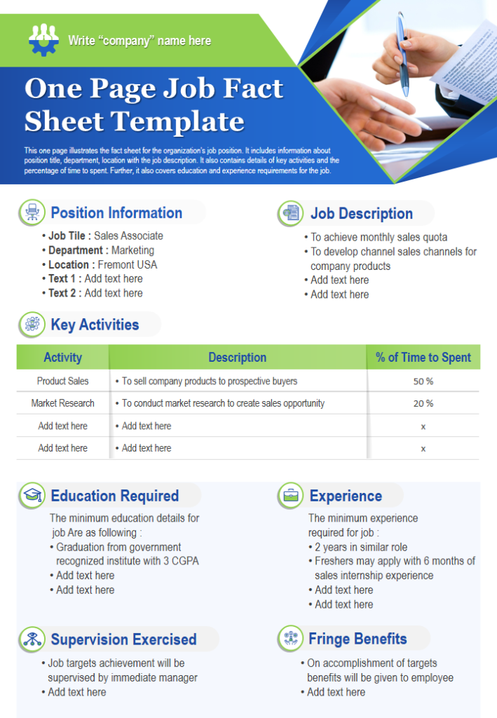 One Page Job Fact Sheet Template