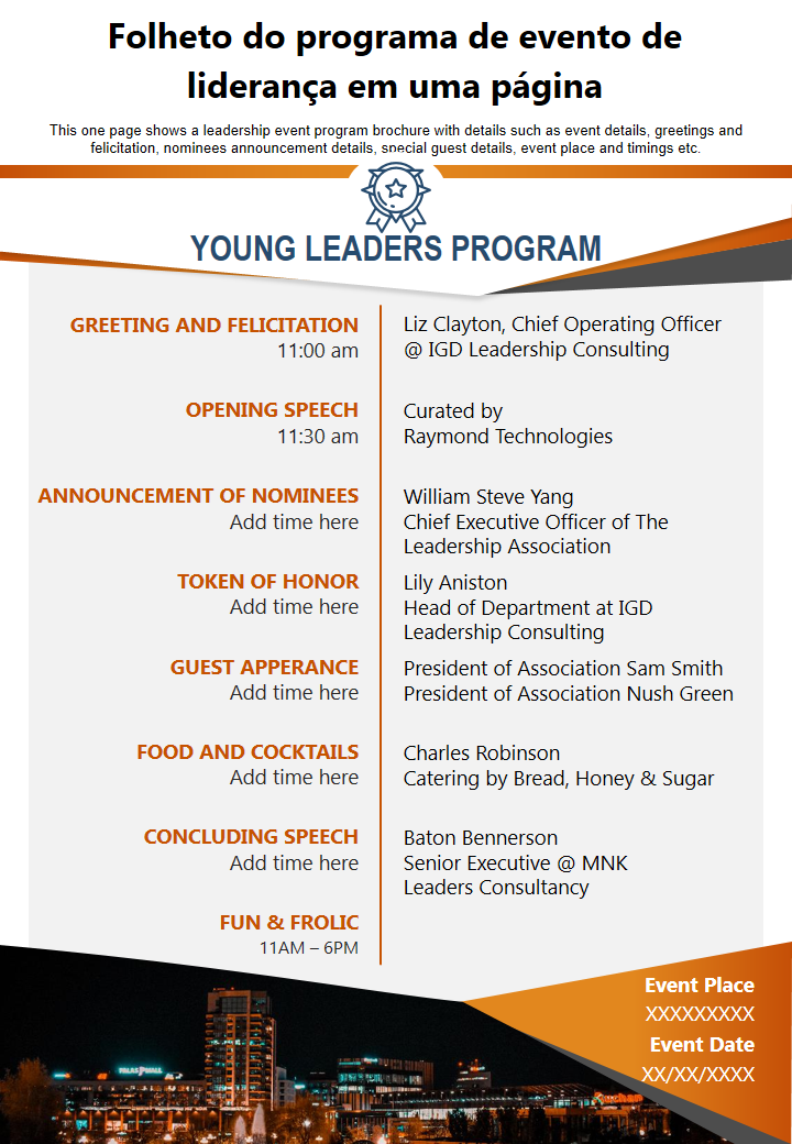 Folheto do programa de evento de liderança em uma página