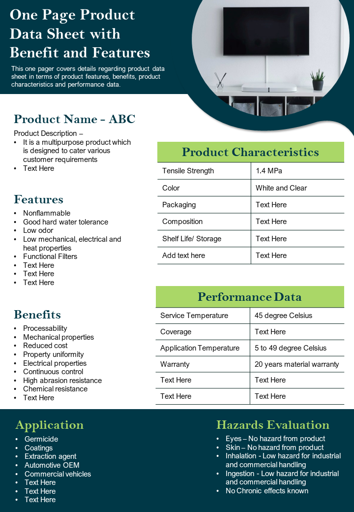 One-Page Product Data Sheet with Benefits and Features Template