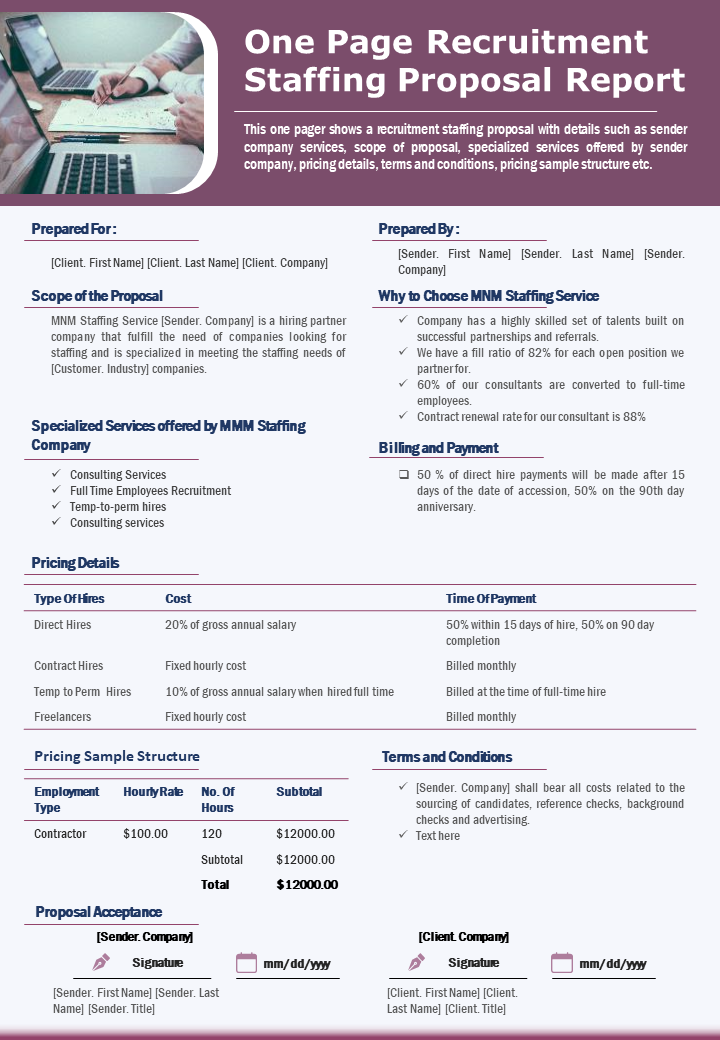 One Page Recruitment Staffing Proposal Template