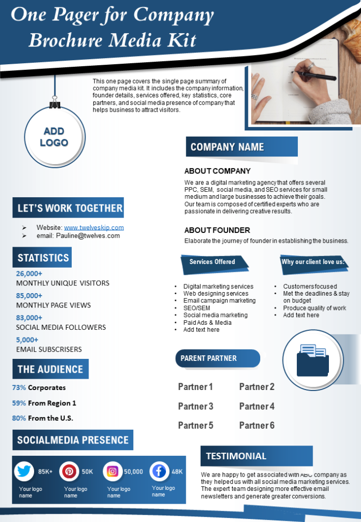 One Pager for Company Brochure Media Kit