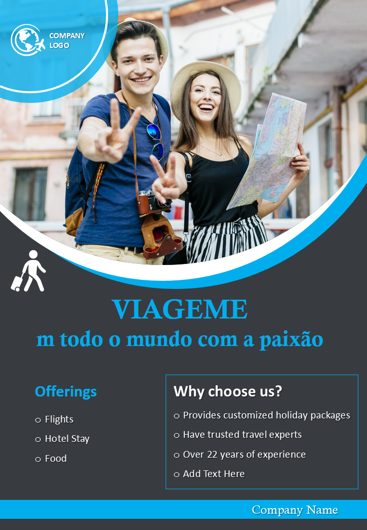 Brochura de duas páginas do flyer da empresa de turismo