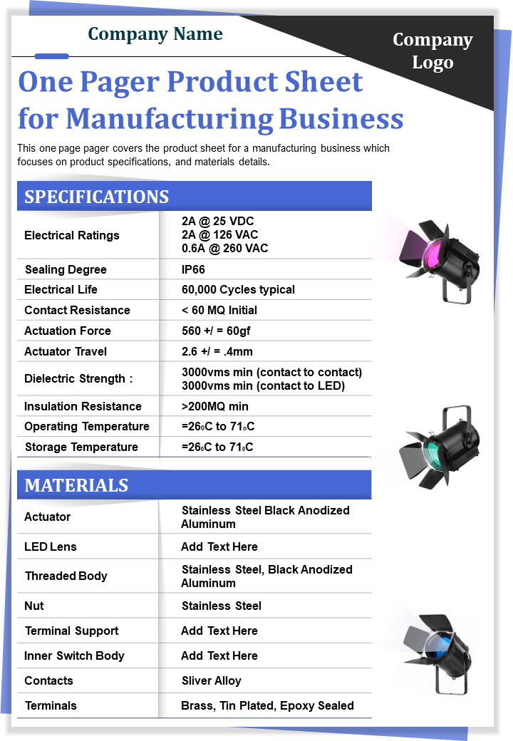 One-Pager Product Sheet for Manufacturing Business Template