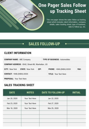 One Pager Sales Follow Up Tracking Sheet Presentation Report Infographic PPT PDF Document