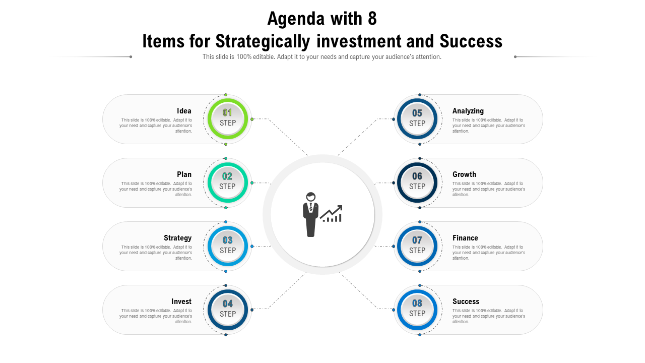 Agenda with 8 Steps Strategic Investment PPT Template