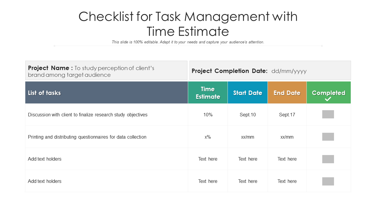 Checklist For Task Management With Time Estimate