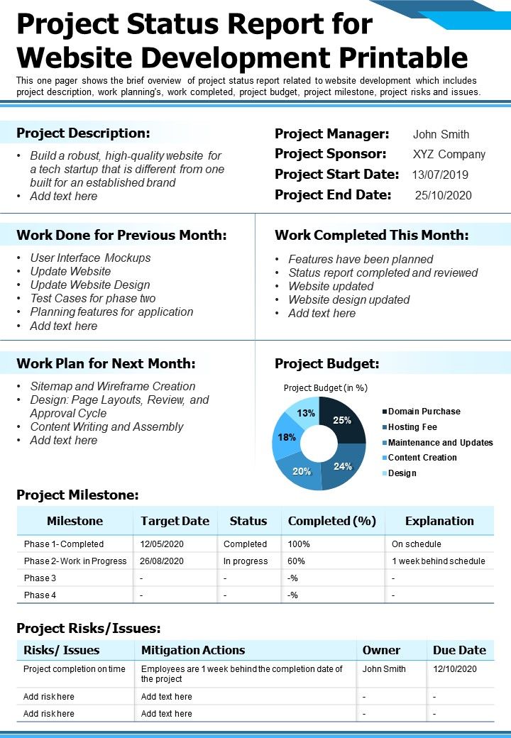 Project Status Report For Website Development Printable Presentation Report Infographic PPT PDF Document