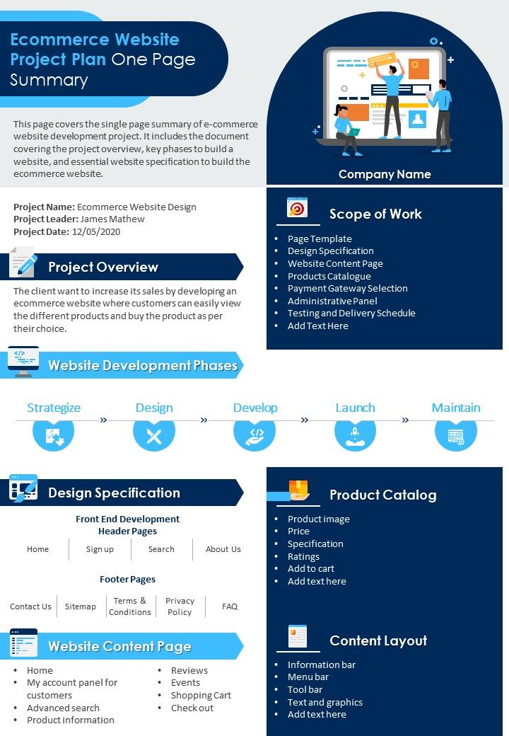 Ecommerce Website Project Plan One Page Summary Presentation Report Infographic PPT PDF Document