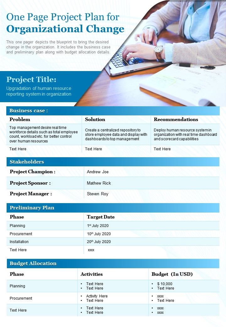 One Page Project Plan For Organizational Change Presentation Report Infographic PPT PDF Document