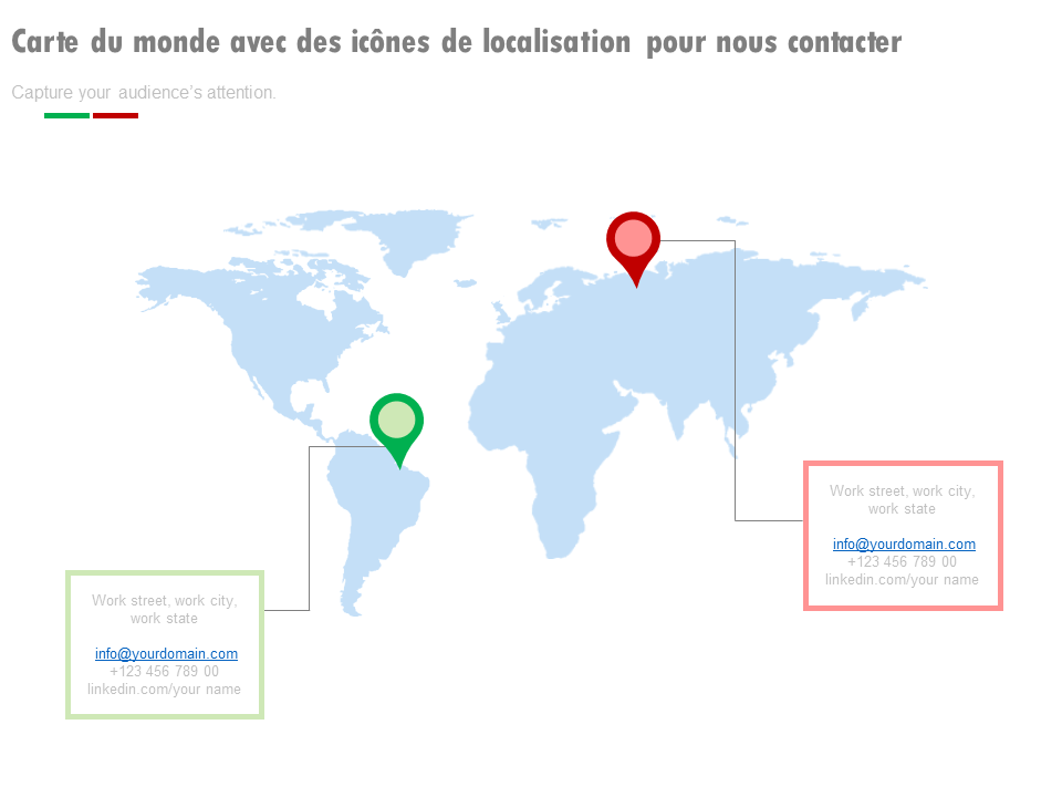 Carte du monde avec des icônes de localisation pour nous contacter