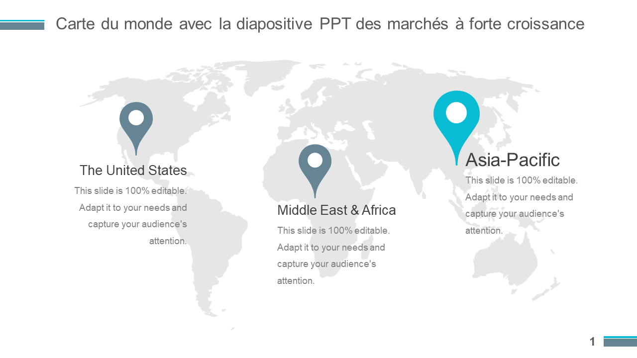 Carte du monde avec la diapositive PPT des marchés à forte croissance