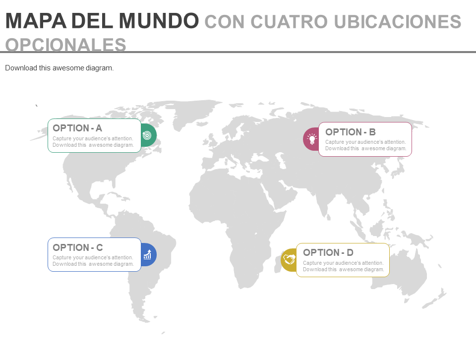 Mapa mundial con ubicaciones de cuatro opciones