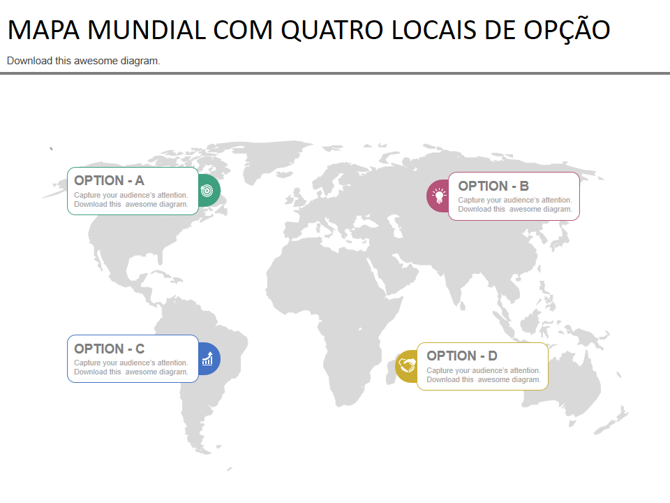 Mapa-múndi com quatro opções de localização