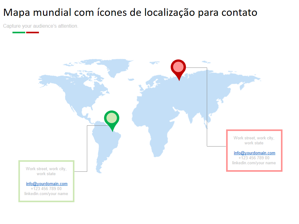 Mapa-múndi com slide PPT de pinos de localização