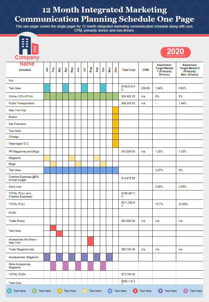 12 Month Integrated Marketing Communication Planning Schedule One Page 