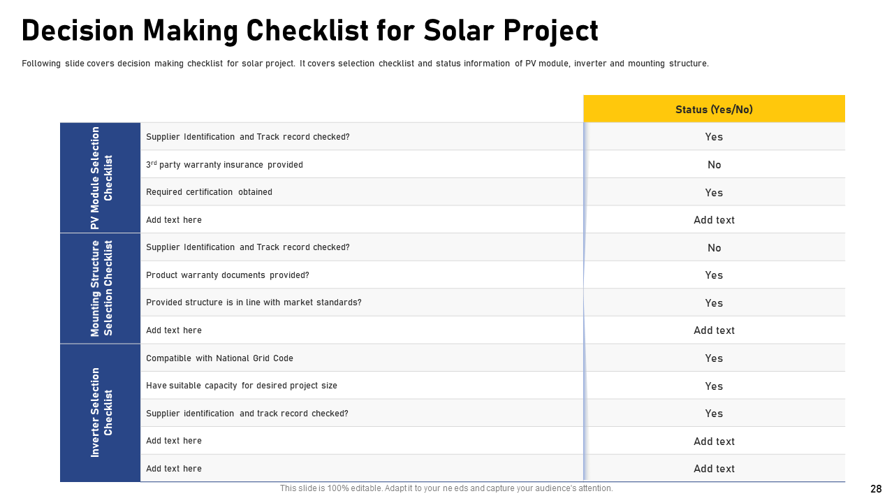 Decision Making Checklist for Solar Project Template