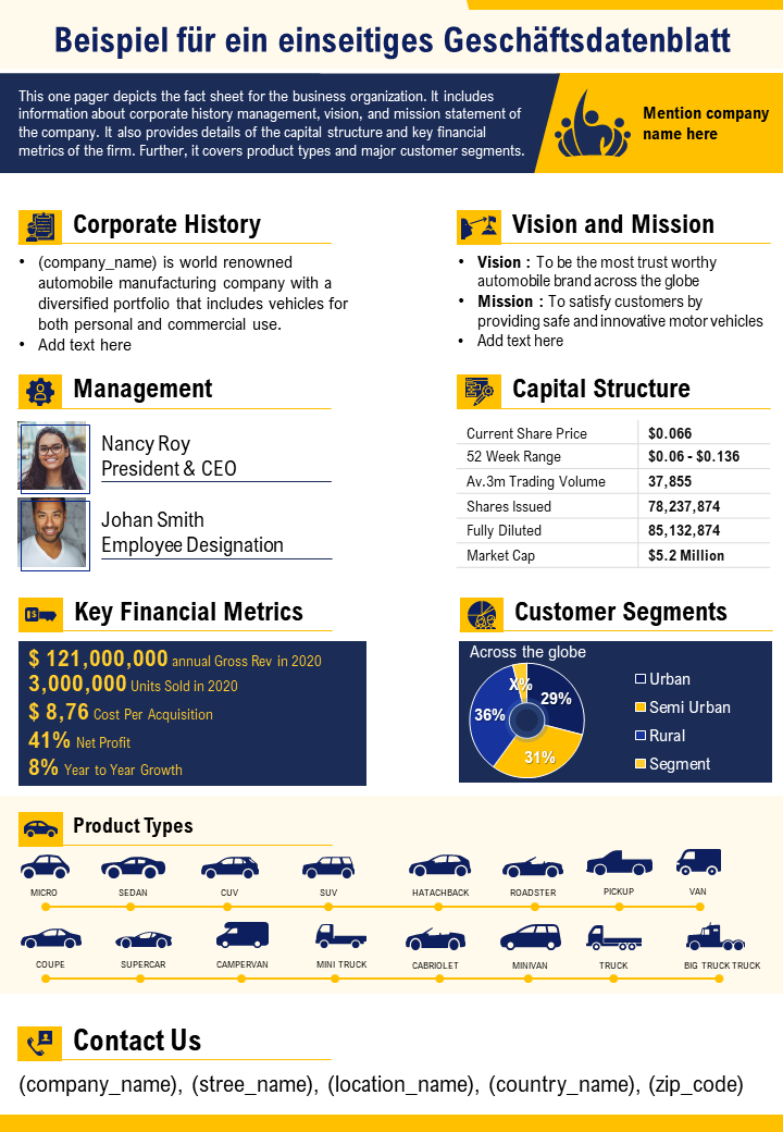 Beispielvorlage für einseitiges Business Fact Sheet Beispielvorlage für einseitiges Business Fact Sheet