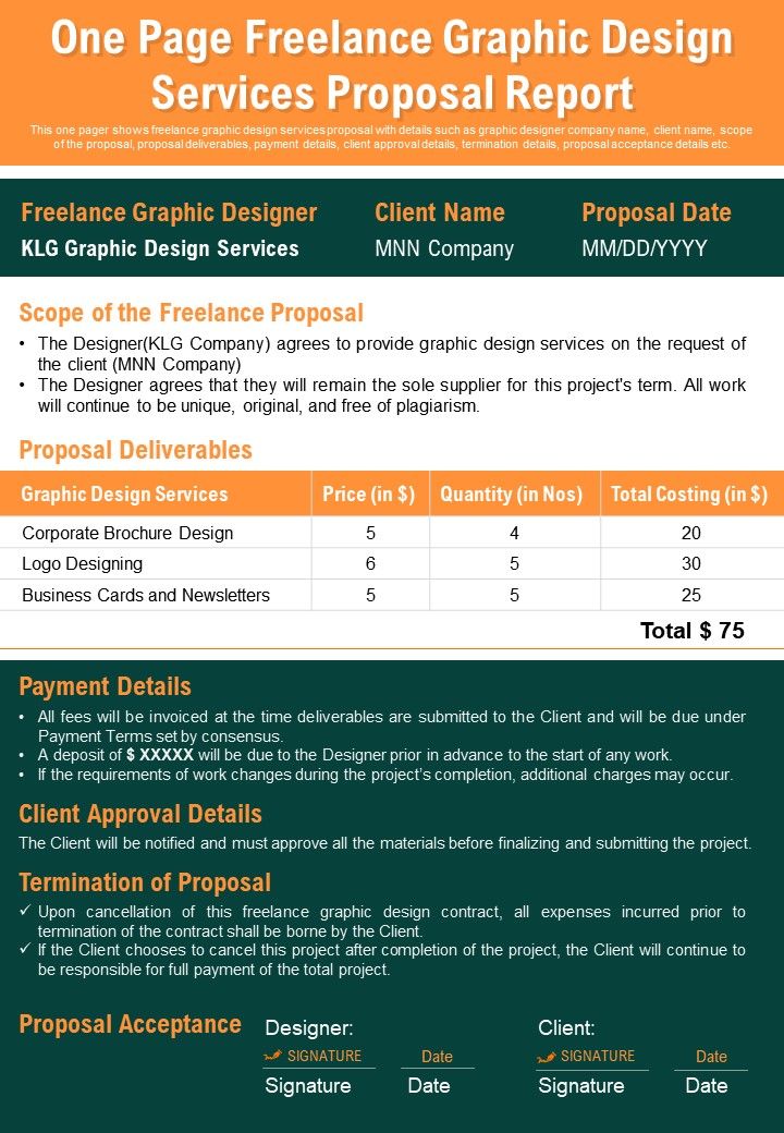 One Page Freelancer Graphic Design Services Proposal Report Presentation Report Infographic PPT PDF Document Templates