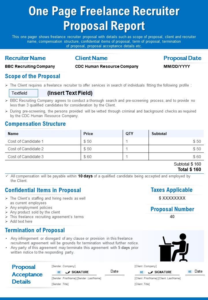 One Page Freelancer Recruiter Proposal Templates Report Presentation Report Infographic PPT PDF Document