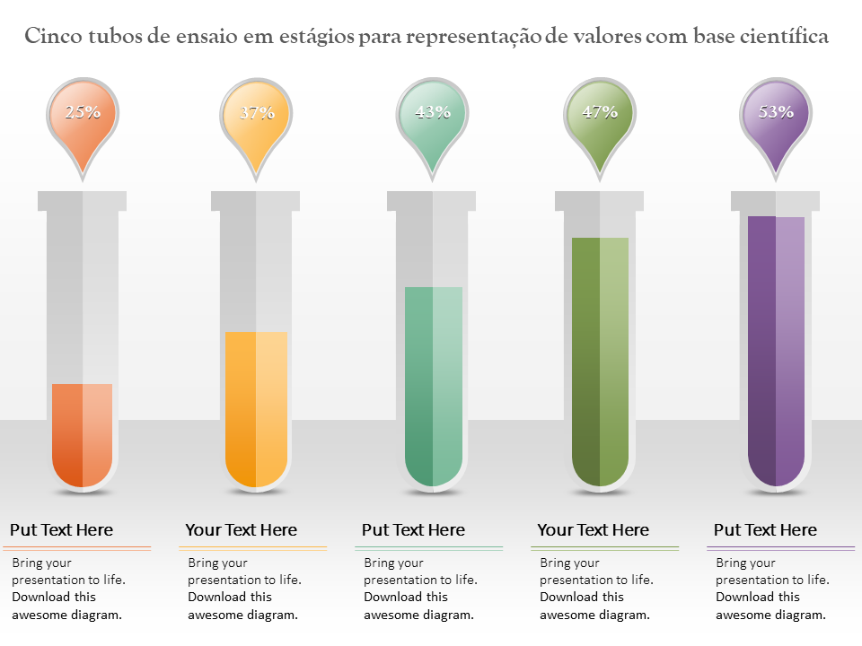 Cinco tubos de ensaio em estágios para representação de valores com base científica
